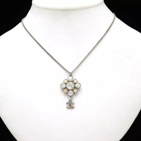 CHANEL CC Logo Rhinestone Dangle Necklace 18" Silver Tone Auth C11V w/Box - Picture 5 of 16